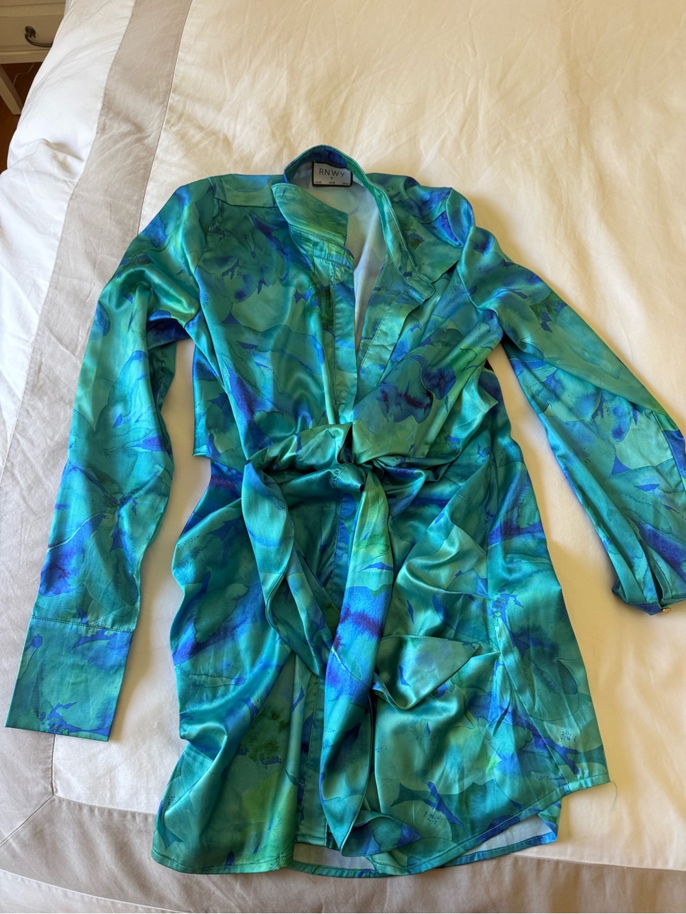RNWY Green Blue Floral Satin Wrap Shirt